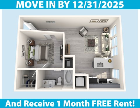 A poster advertising a move-in by December 31, 2025, and a free one-month rent offer.